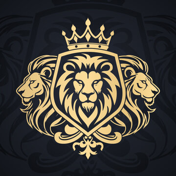 elegant lion heraldry coat of arms royal logo with shield and crown