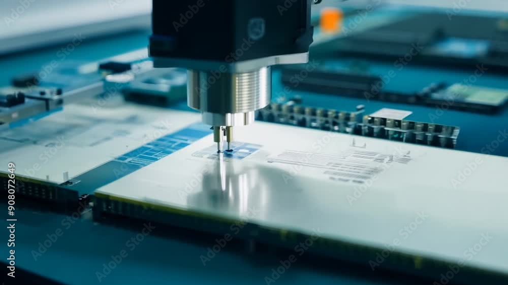 Poster macro shot of automated machine installing components on circuit board generative ai