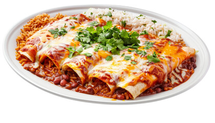 A plate of enchiladas topped with melted cheese and garnished with cilantro, served with a side of rice.