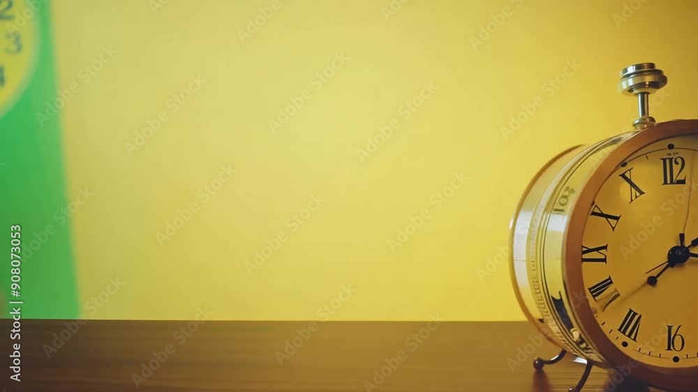 Poster yellow clock ticking on table against green and yellow background generative ai