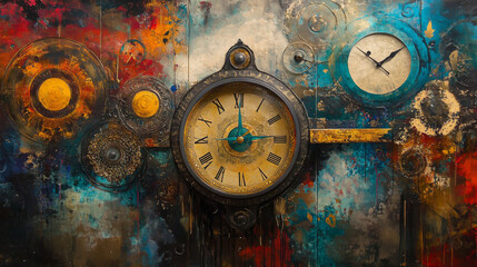 Include artistic or abstract representations of clocks, using creative compositions, vibrant colors, and imaginative designs to convey the concept of time in a unique way. 