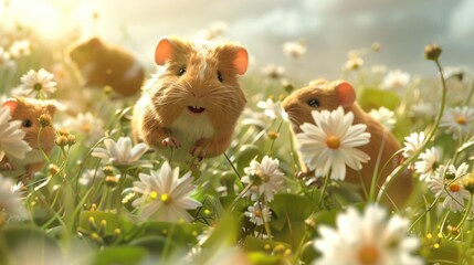 Fototapeta premium In a sunlit meadow filled with daisies, cheerful hamsters explore their vibrant surroundings, exuding a sense of joy and wonder.