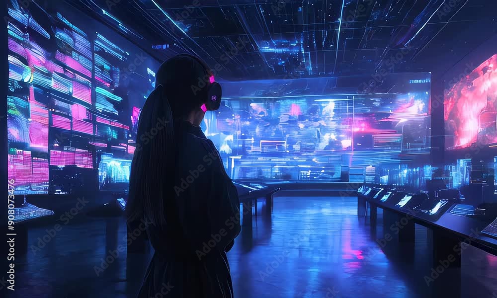 Poster woman in vr headset standing in a futuristic control room filled with digital screens displaying dat