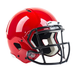 Fototapeta premium A red football helmet with a black face mask, isolated on a black background.