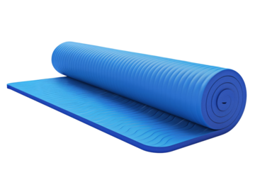 A rolled up blue yoga mat with textured surface, ready for a workout or stretching session.
