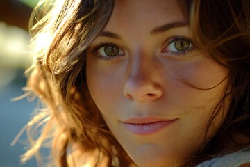 Close-up of a woman's face with tousled hair, illuminated by sunlight, highlighting her bright eyes and serene expression.