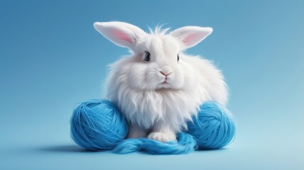 Obraz premium White fluffy rabbit on a blue background