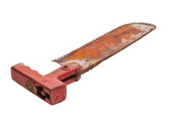 A rusty red and orange metal saw blade with a wooden handle.