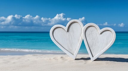 Fototapeta premium Two Wooden Hearts on the Beach: A romantic scene of two white wooden hearts standing on a pristine sandy beach, bathed in warm sunlight against a backdrop of azure ocean and fluffy clouds. 