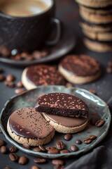 Delicious chocolate cookies with coffee beans on a grey plate.