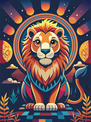 Majestic Lion in a Starry Night with Abstract Elements