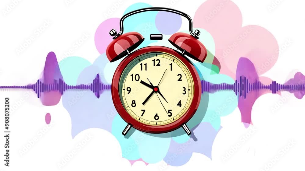 Poster Animated Ring Alarm Clock With Sound Waves in Colorful Background Generative AI