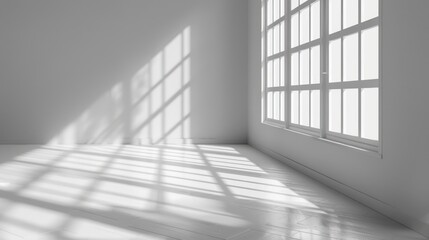 Fototapeta premium Shadow of glass window on white wall of empty modern house interior.