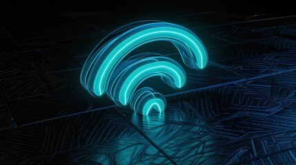 A neon cyan Wi-Fi icon, radiating a high-tech aura on a sleek black floor, isolated on a black background. 3D Render.