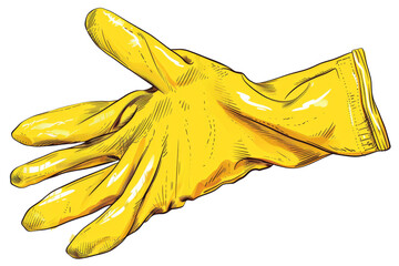 A single yellow rubber glove, isolated on a black background. The glove is extended with the fingers spread apart.