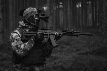 A sof soldier with a night vision binocular on his head and modern rifle in his hands in the forest at dusk. Black and white.