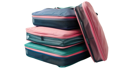 A stack of four colorful zippered travel bags.  The bags are made of a clear material with a mesh insert. They are perfect for organizing clothes and other travel essentials.