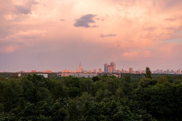 Sunset over the city. Moscow sunset. City. Moscow State University 