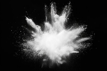 white powder explosion isolated on black background. white dust particles splash. Color Holi Festival. Burst of colors series. Vibrant contrast. Celebration and creativity background texture, ai