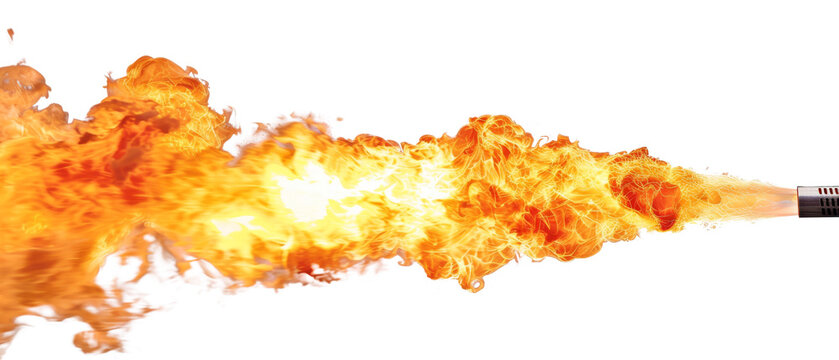 A stream of fire erupts from a nozzle, isolated on a black background.