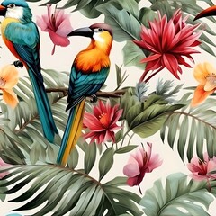 Fototapeta premium Explore this vibrant seamless pattern featuring tropical plants and birds, perfect for adding a touch of exotic beauty to your designs and projects.