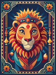 Obraz premium Majestic Lion Portrait with Geometric and Floral Ornamentation