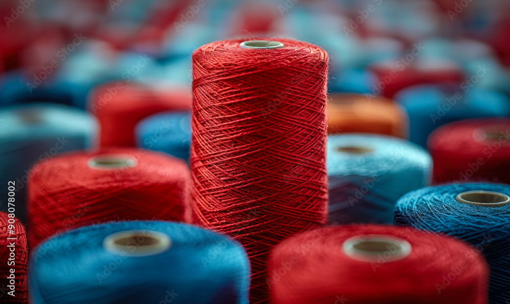 Poster Vibrant Red Thread Spool Surrounded by Blue and White Threads Highlighting Uniqueness and Individuality Concept