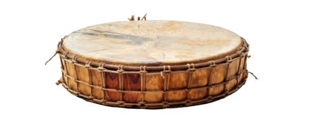 A traditional wooden drum with rope lacing.