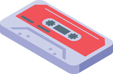Red audio cassette tape lying in isometric view, symbol of 80s music and vintage object