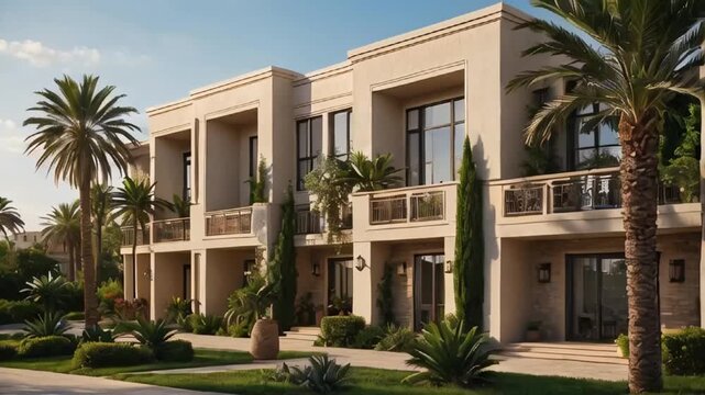 New modern townhouses, palm trees