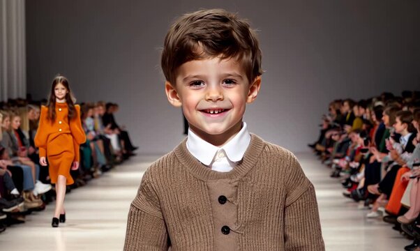 Medium shot portrait video of a grinning child male that is wearing a chic cardigan against an elegant fashion show runway with models background