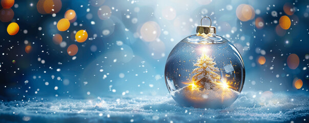 Magical Christmas Tree in Snow Globe with Shiny Lights in Winter Wonderland Night Scene Festive Holiday Season Concept