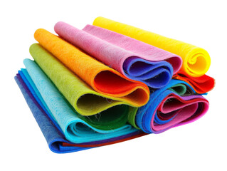 A vibrant stack of colorful felt fabric rolls. The rolls are arranged in a rainbow pattern.