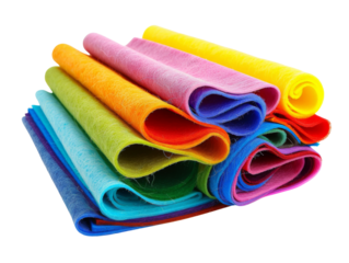 A vibrant stack of colorful felt fabric rolls. The rolls are arranged in a rainbow pattern.
