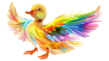 Obraz premium A vibrant, colorful duckling with rainbow wings. The image is whimsical and playful.
