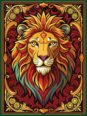 Ornate Illustration of a Lion's Head with Floral Details