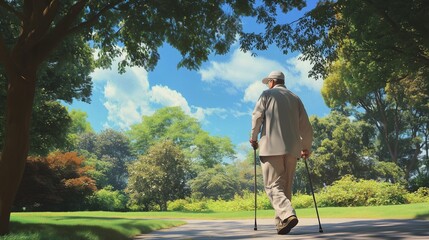 A blind man walks in the park, using a cane and appreciating the surrounding nature