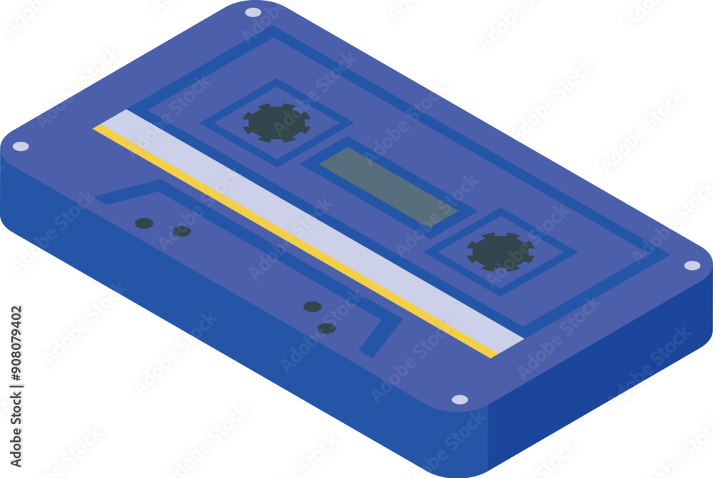 Poster blue audio cassette tape isometric icon representing outdated technology for playing and recording s