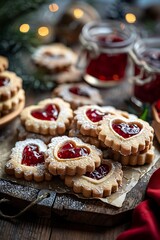 Heart-Shaped Cookies with Red Jam Filling and Powdered Sugar on Wooden Board.
