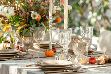 A table is set with a variety of glassware and a floral centerpiece.
