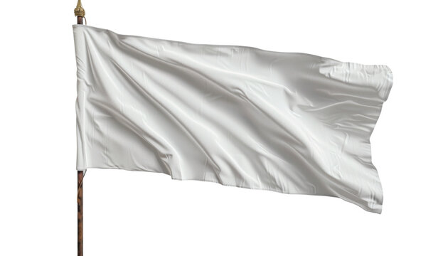 A white flag waving in the wind, isolated on a black background.