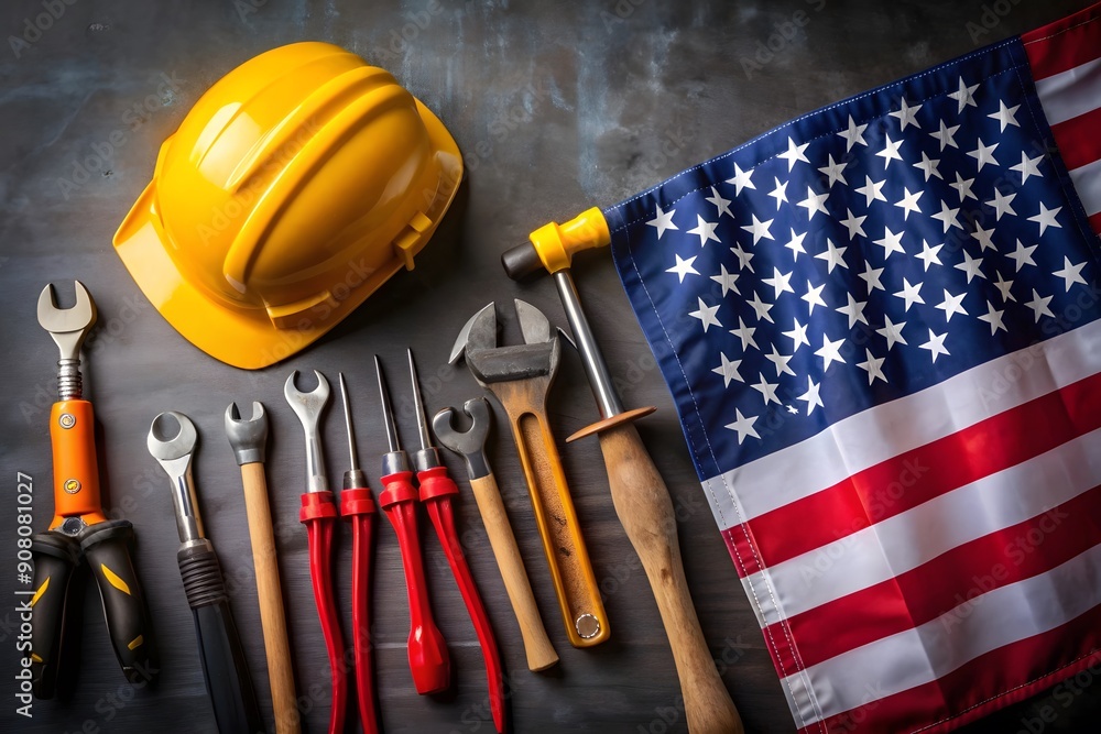 Wall mural Labor day USA concept, Set of various tools on wooden background with flag USA. Copy space for text.
