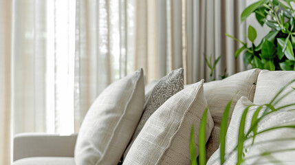 Interior of living room with couch and cushions from natural fabric window linen curtains green house plants. Scandinavian style