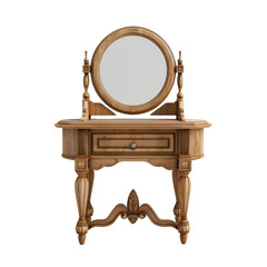 Fototapeta premium A wooden vanity table with a round mirror, a drawer, and ornate legs.