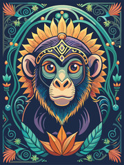 Fototapeta premium A stylized monkey with a sunflower crown and ornate floral patterns.