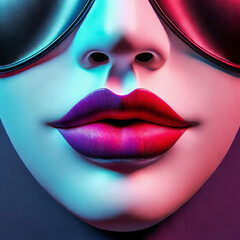 Fototapeta premium A close-up of a woman's lips in vibrant neon colours, featuring shades of red and purple, with a cool, reflective, futuristic vibe. Her sunglasses add a touch of mystery to the composition.