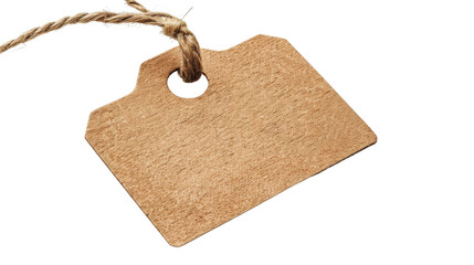 Blank brown paper tag with twine, isolated on white background. Perfect for adding your own text or design.