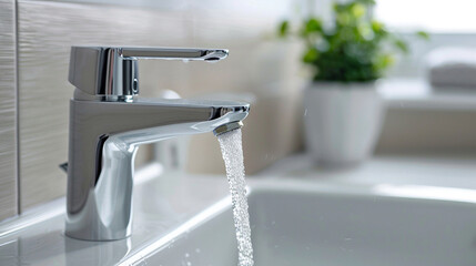 Close-up of a sleek chrome faucet with water flowing into a white sink