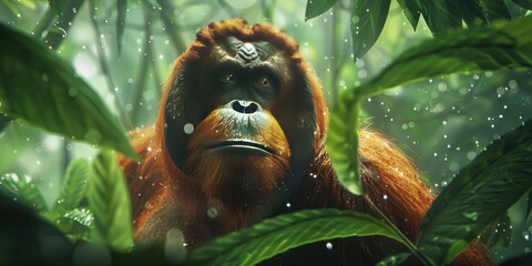 Obraz premium Wild Orangutan Sitting Among Greenery