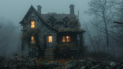 Obraz premium Haunted house with eerie glowing windows and overgrown foliage creating a spooky and mysterious Halloween night scene